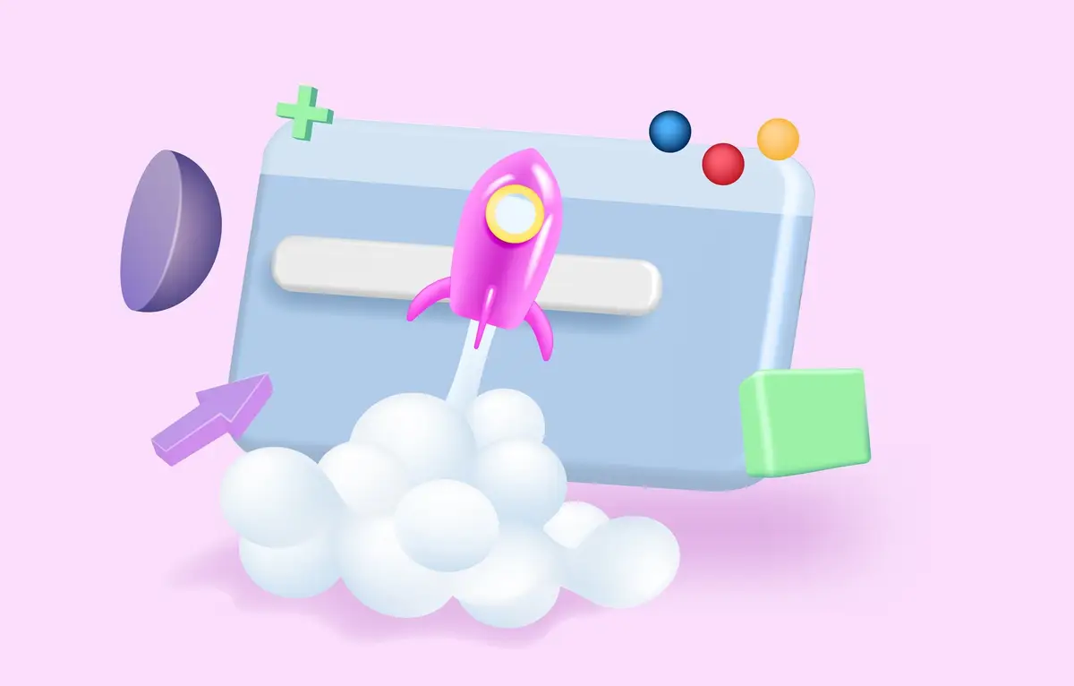 3d concept background with rocket. Project start up - launch. Vector illustration.