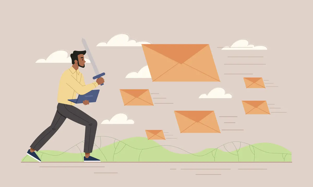 Fighting spam concept. Programmer removes dangerous emails, prevents identity theft and hacking. IT specialist and technical support, internet security and antivirus. Cartoon flat vector illustration