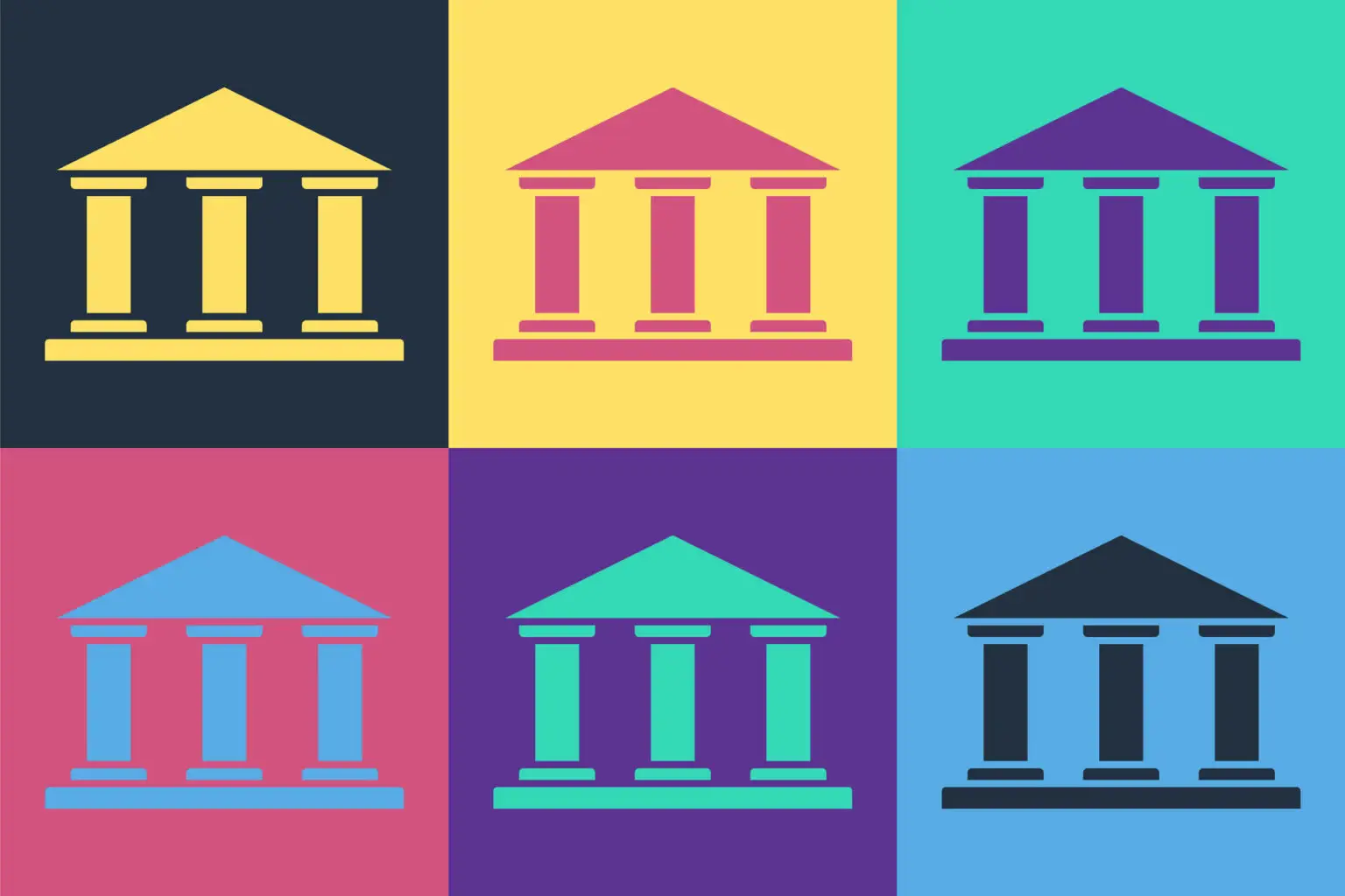 Pop art Museum building icon isolated on color background. Vector Illustration