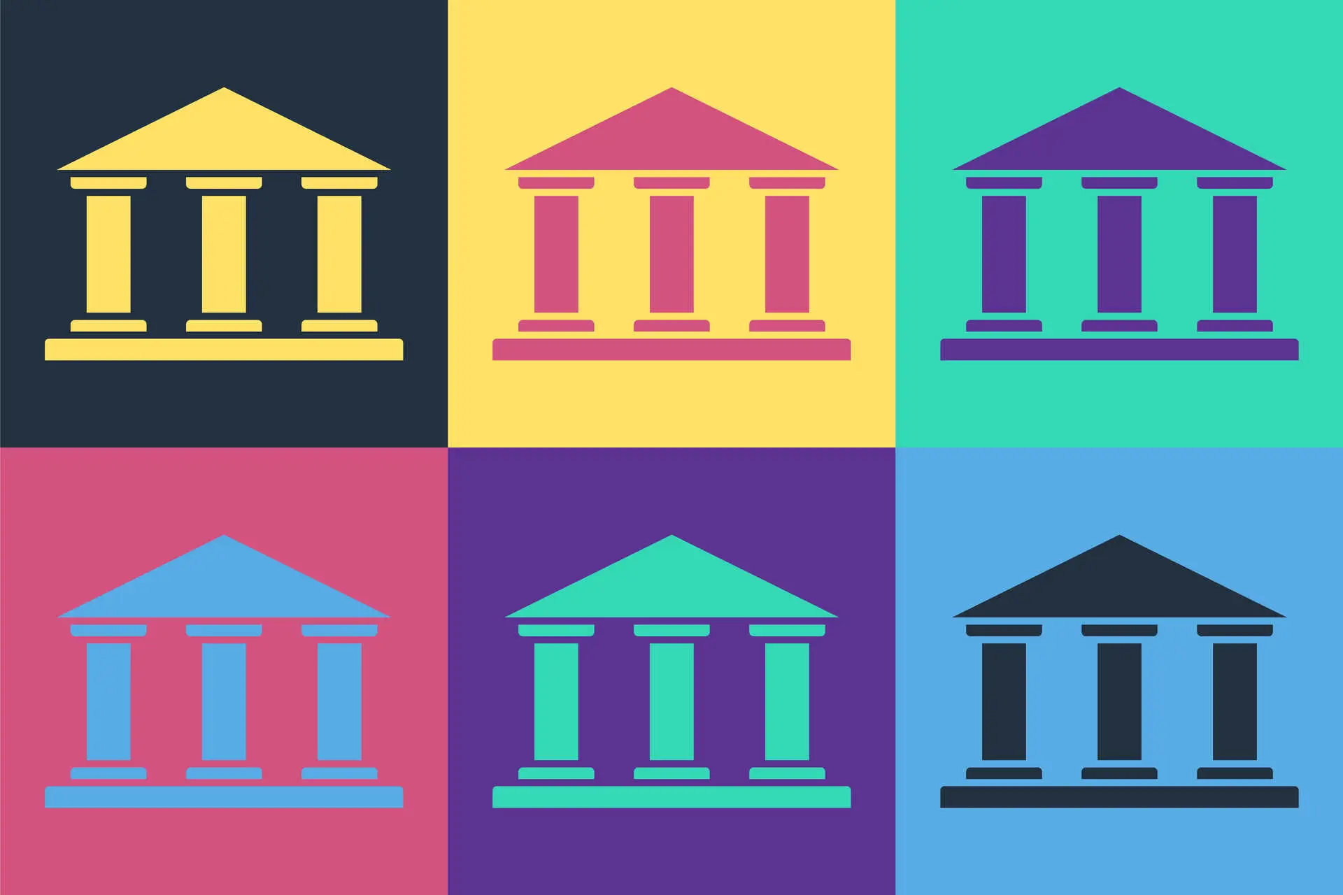 Pop art Museum building icon isolated on color background. Vector Illustration