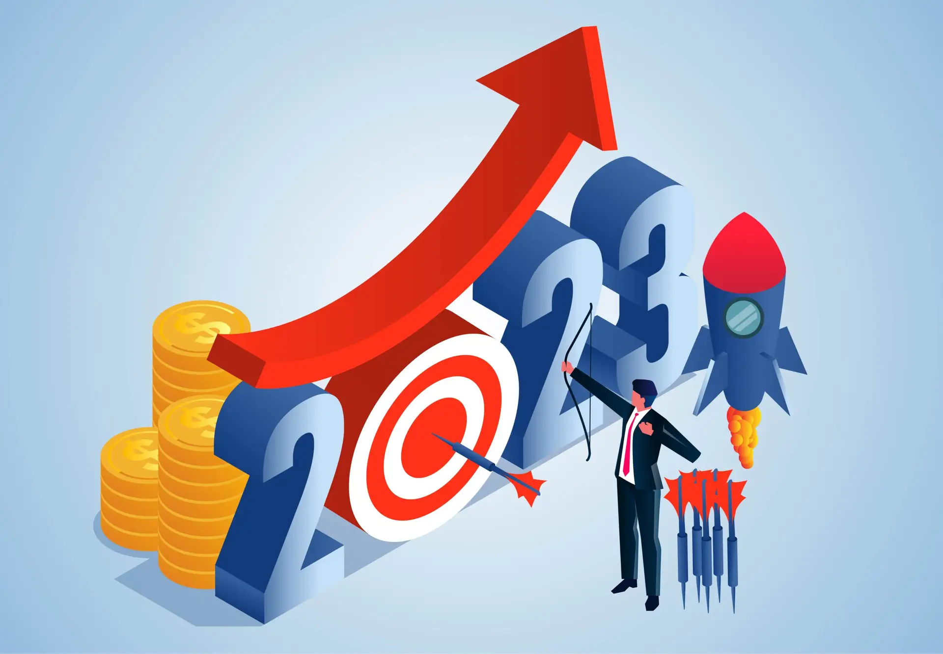 New Year 2023 grow your business or career, new business, goals, plans, visions, develop & refine plans to achieve goals and success, isometric businessman with a bow and arrow shooting bullseye