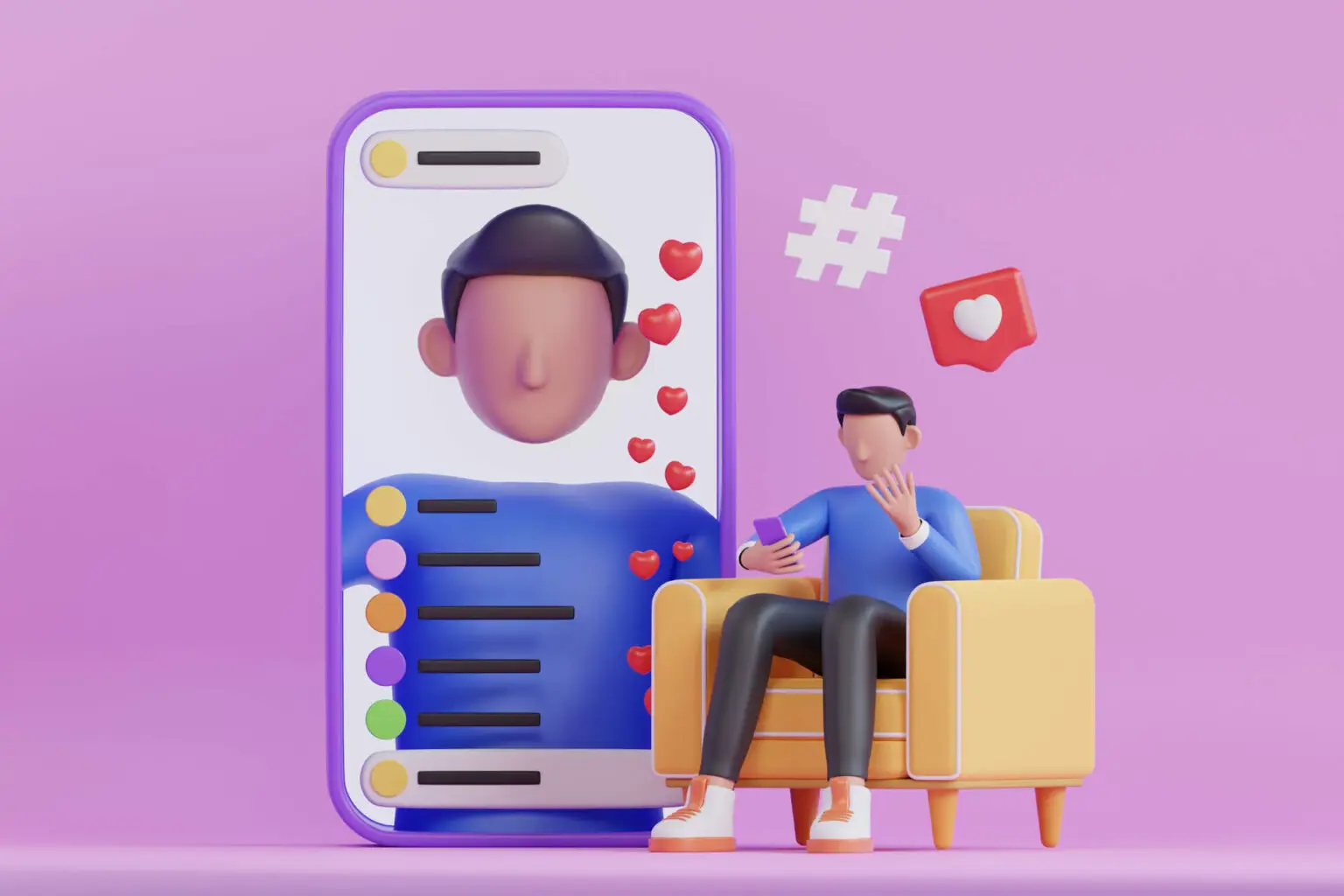 Vlogger streaming a live video. Young male vlogger shoot social media blog on smartphone get likes and love emoji. watching a live stream. 3d illustration