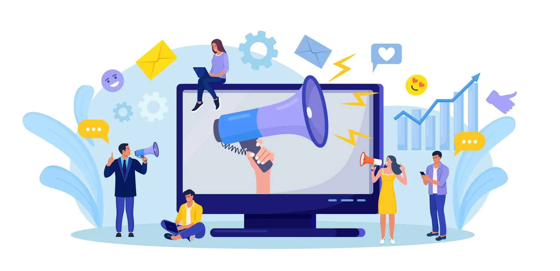 Digital marketing. Hand holding megaphone coming out from computer. Business analysis, content strategy and management. Advertising Social media campaign, communication, SEO.