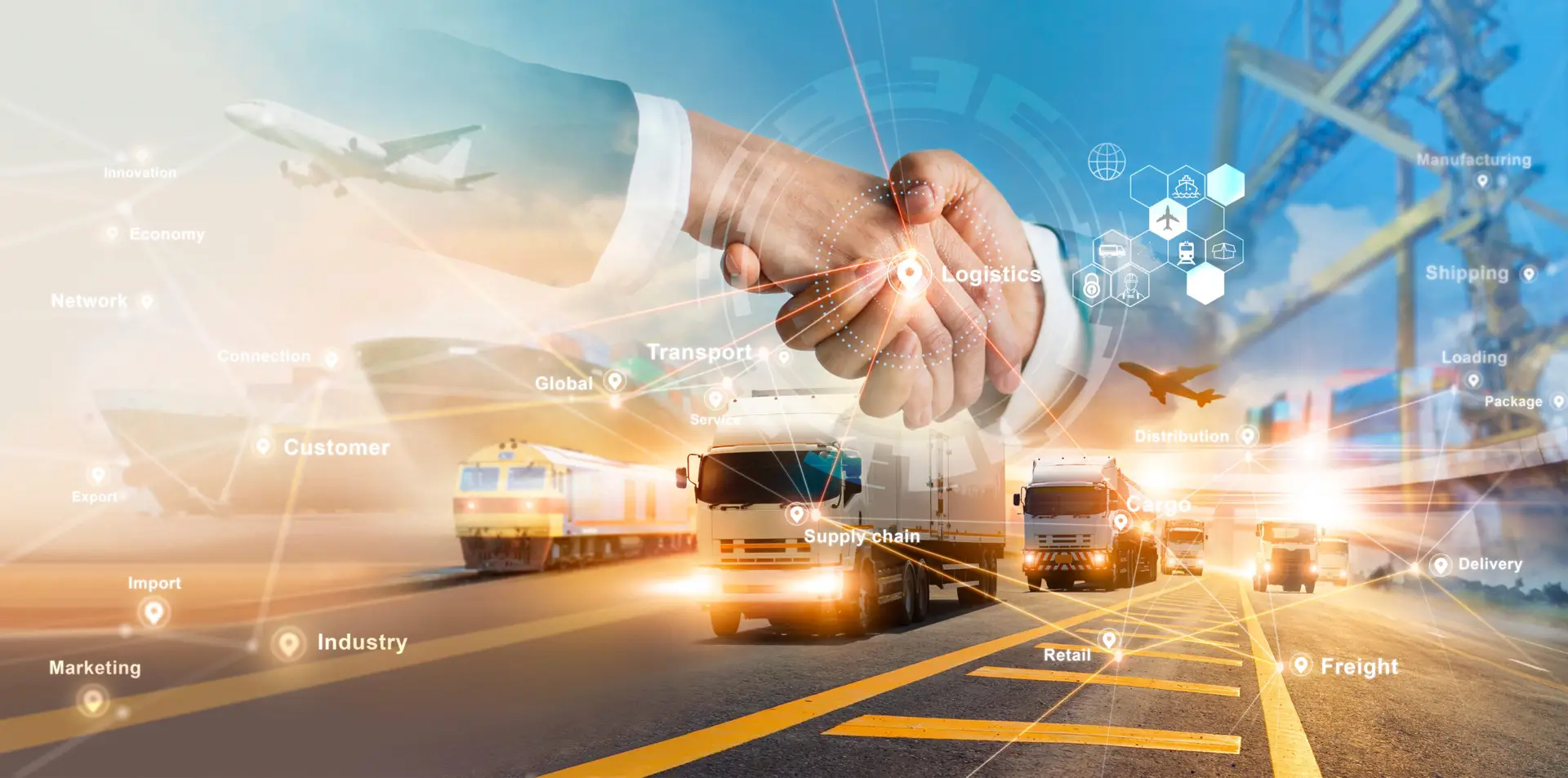 Smart Logistics And Transportation. Handshake For Successful Of Investment Deal Teamwork And Partnership Business Partners On Logistic Global Network Distribution. Business Of Transport Industrial.