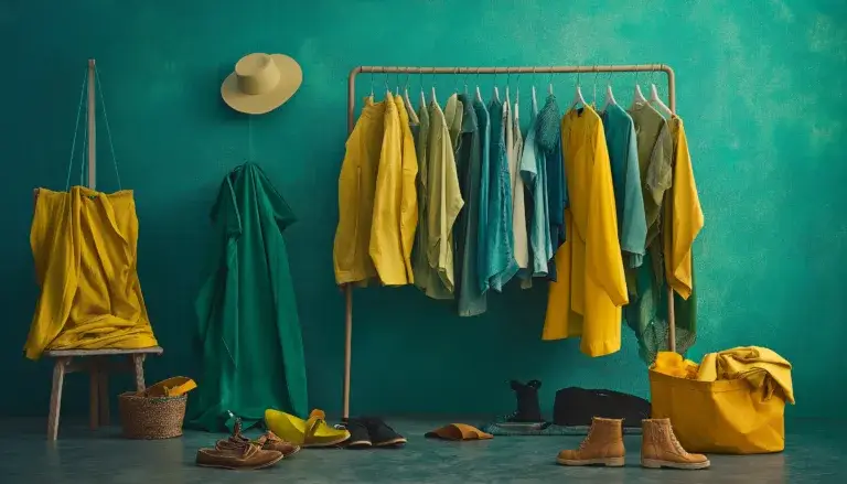 3D clothes rail with copy space.Clothes on minimal light background, shelf on cream background. Collection of clothes hanging on a rack in neutral beige colors. 3d rendering, store and bedroom concept