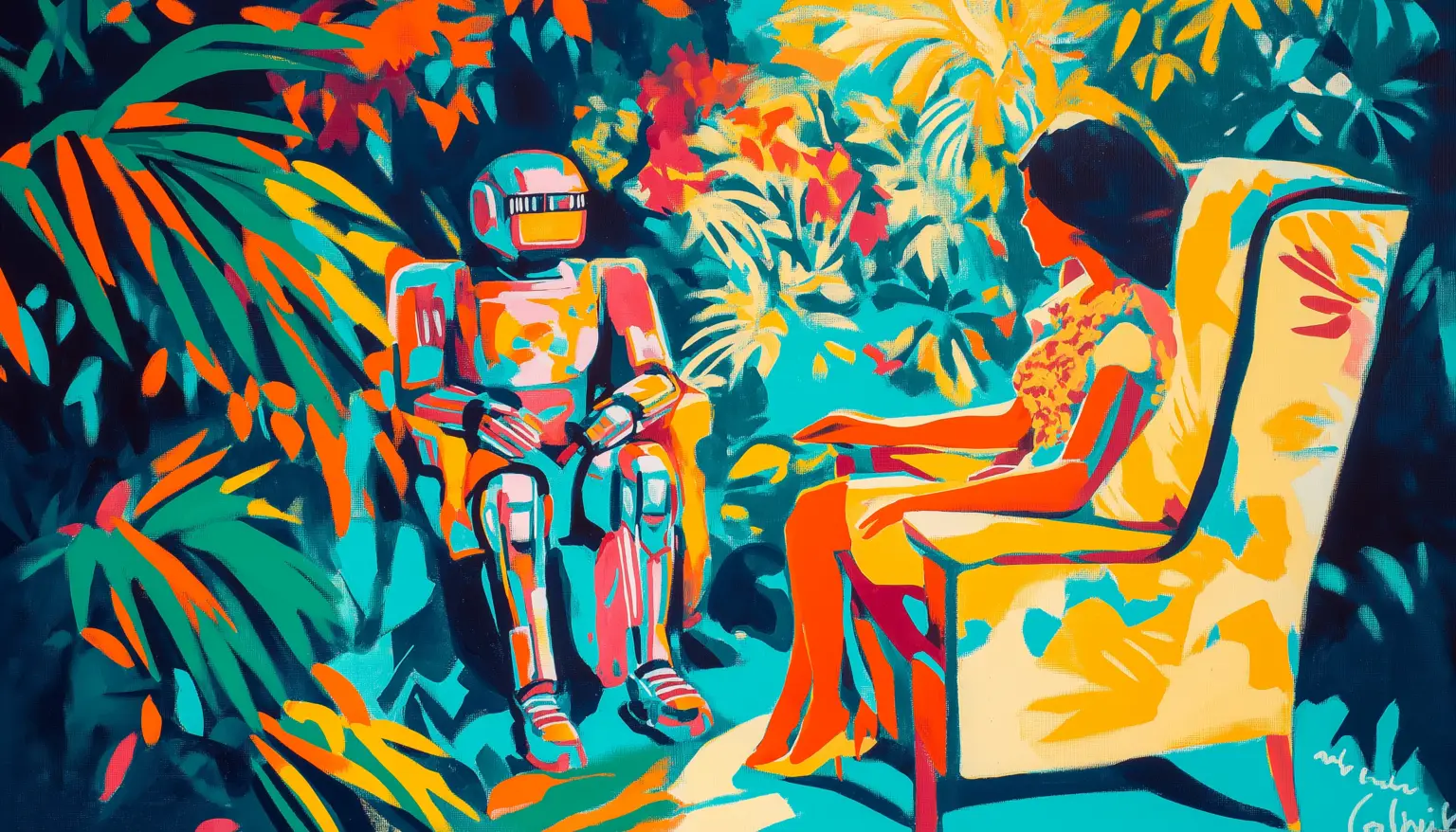 Robot And Woman In Chair Ecommerce Customer Experience Painting