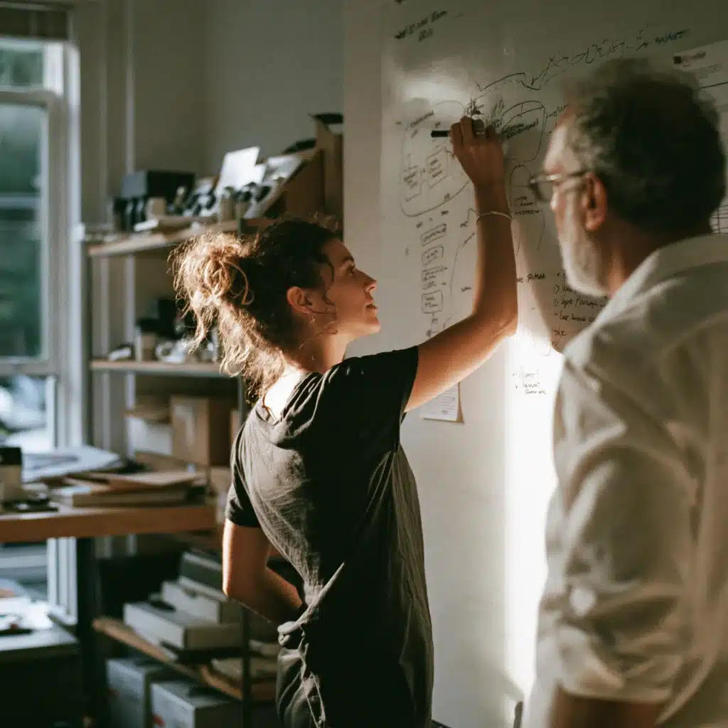A founder and a senior advisor reworking the plan at a whiteboard