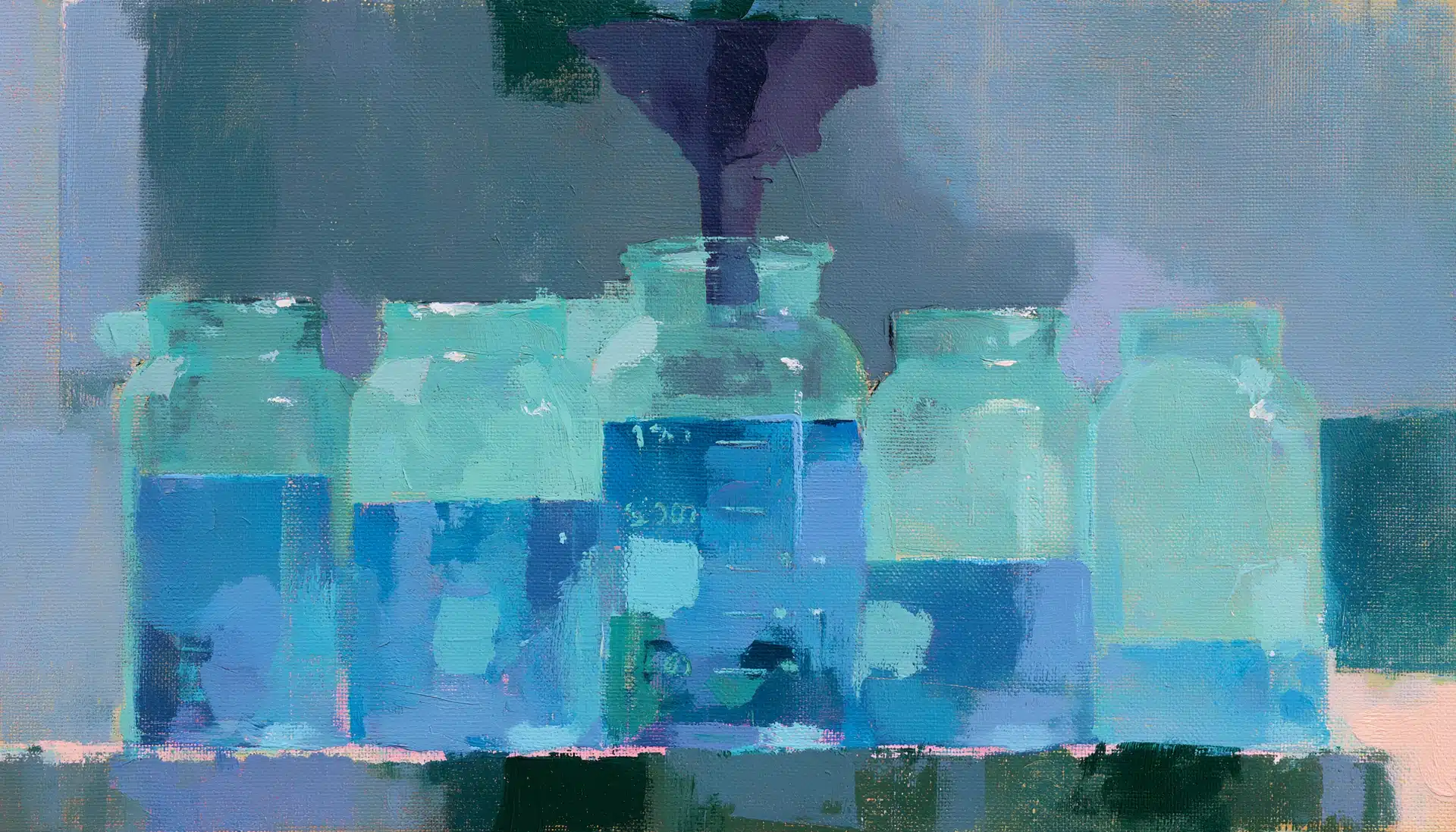 Pop-art painting of glass measuring jars filled to different levels with a funnel above one, illustrating business budgeting