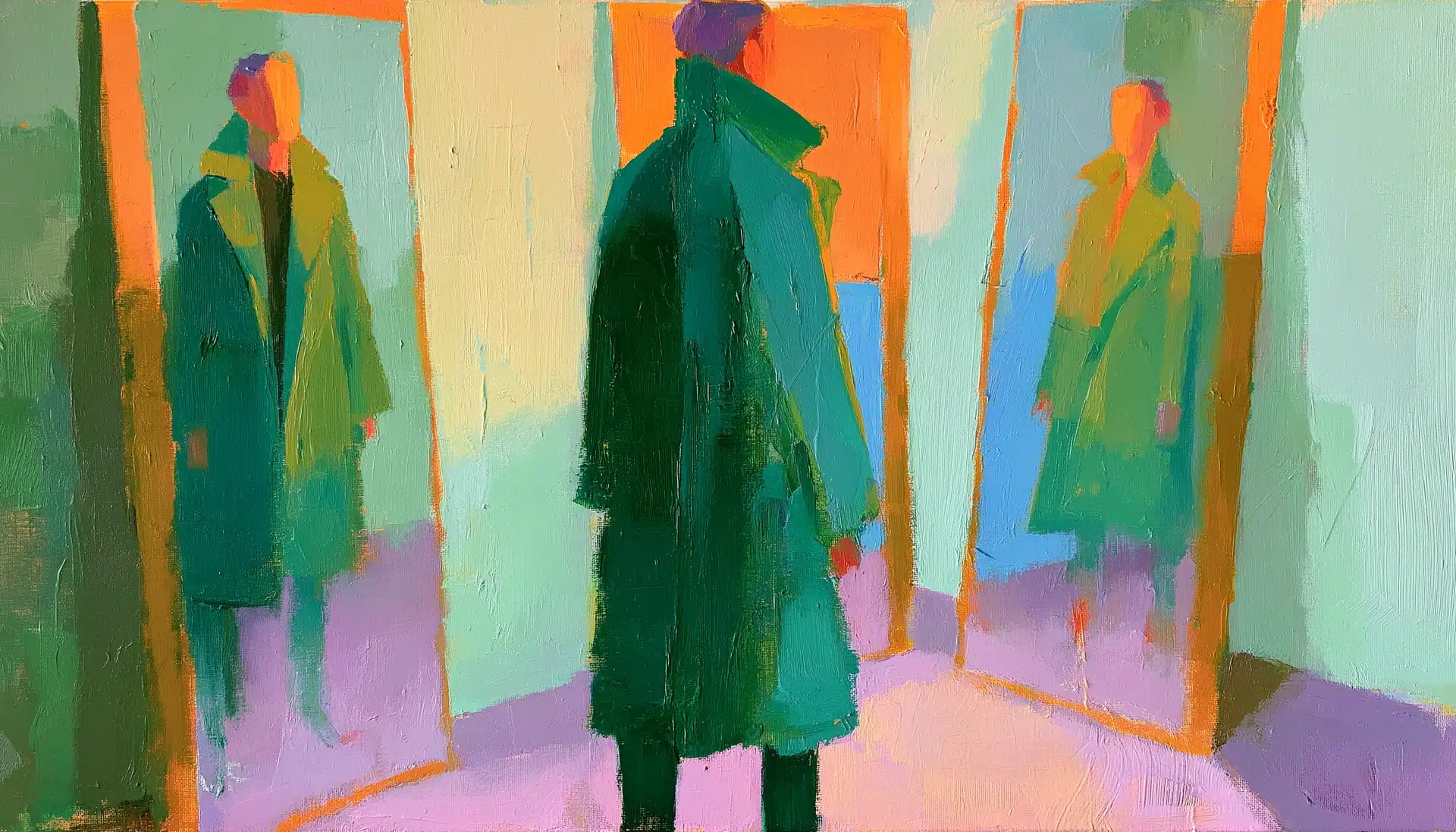 Pop-art painting of a fitting room with three angled mirrors reflecting one coat, illustrating clothing ecommerce market research