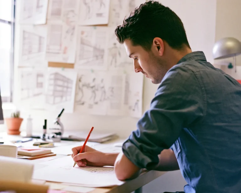 A design specialist marks up printed page designs at a studio desk
