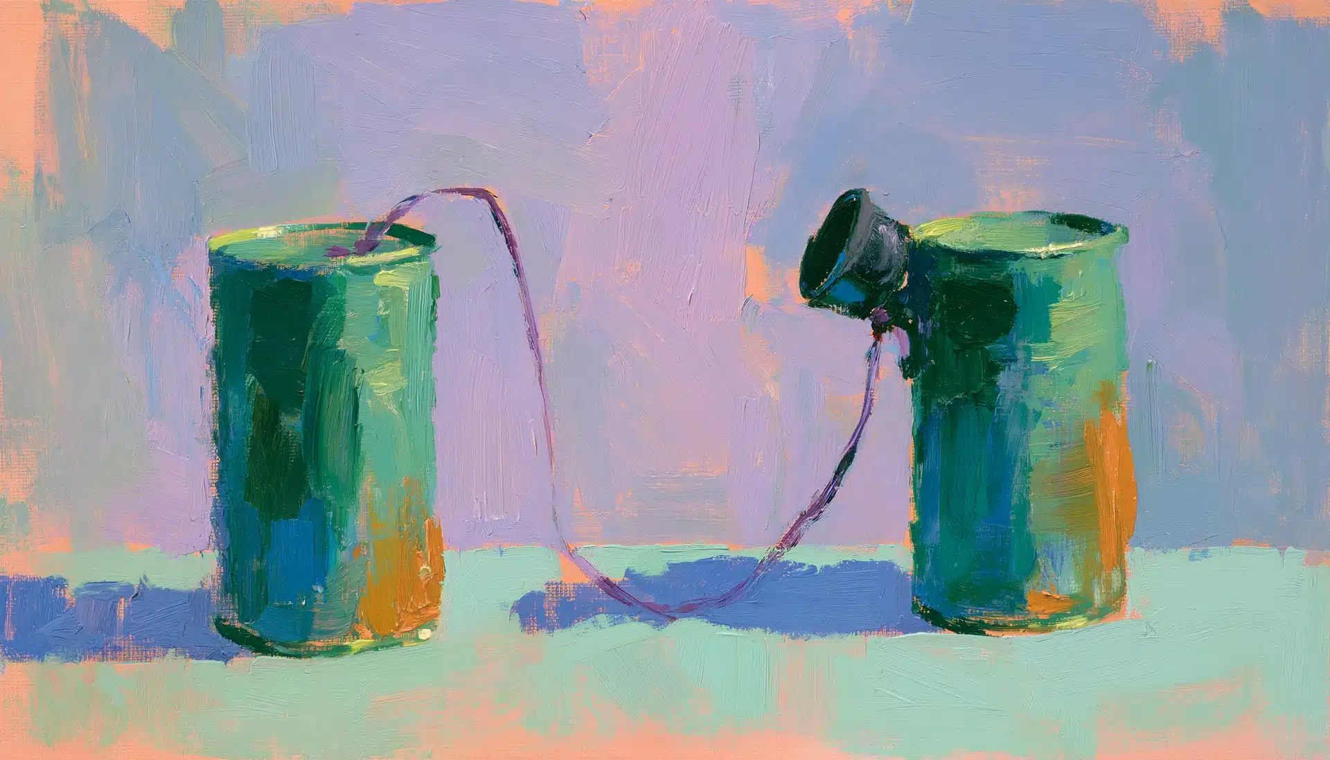 Pop-art painting of two tin cans connected by a taut string, illustrating the direct line between a DTC brand and its customers