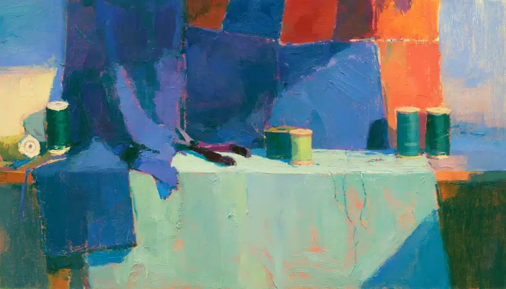 Pop-art painting of a flag being stitched from bold fabric panels, illustrating building an ecommerce brand