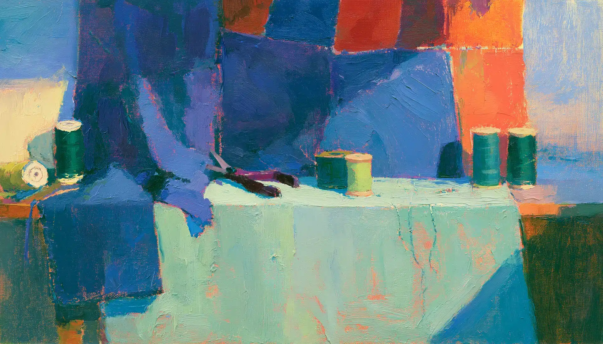 Pop-art painting of a flag being stitched from bold fabric panels, illustrating building an ecommerce brand