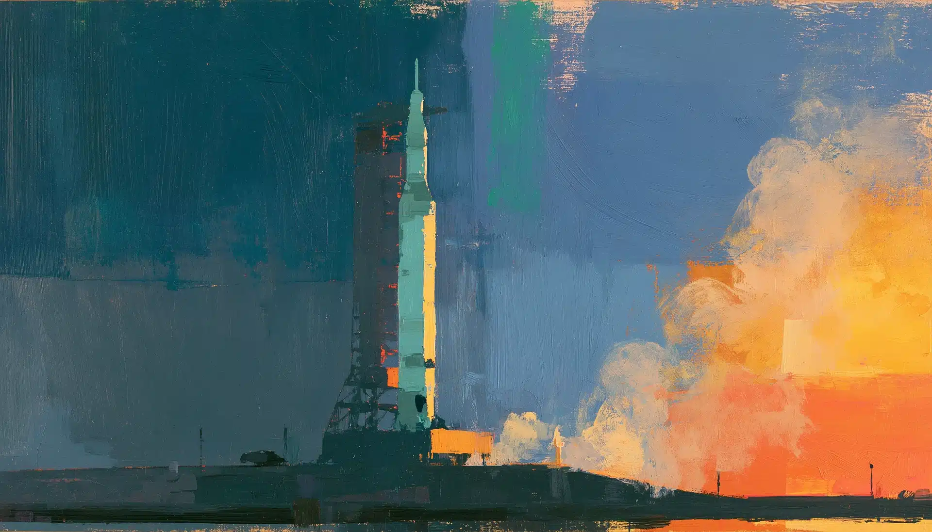 Pop-art painting of a rocket on a launch gantry at dawn, illustrating an ecommerce business plan before launch