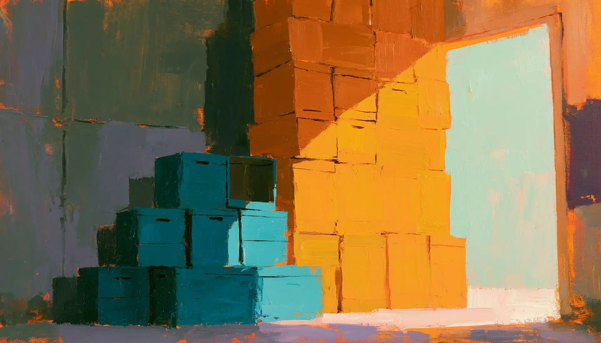 Pop-art painting of a towering crate stack beside a nearly empty one, illustrating ecommerce inventory management