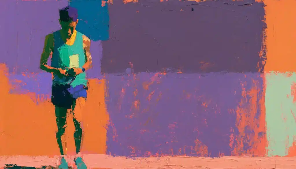 Pop-art painting of a runner staring at a stopwatch while the finish tape passes unnoticed, illustrating KPIs versus goals