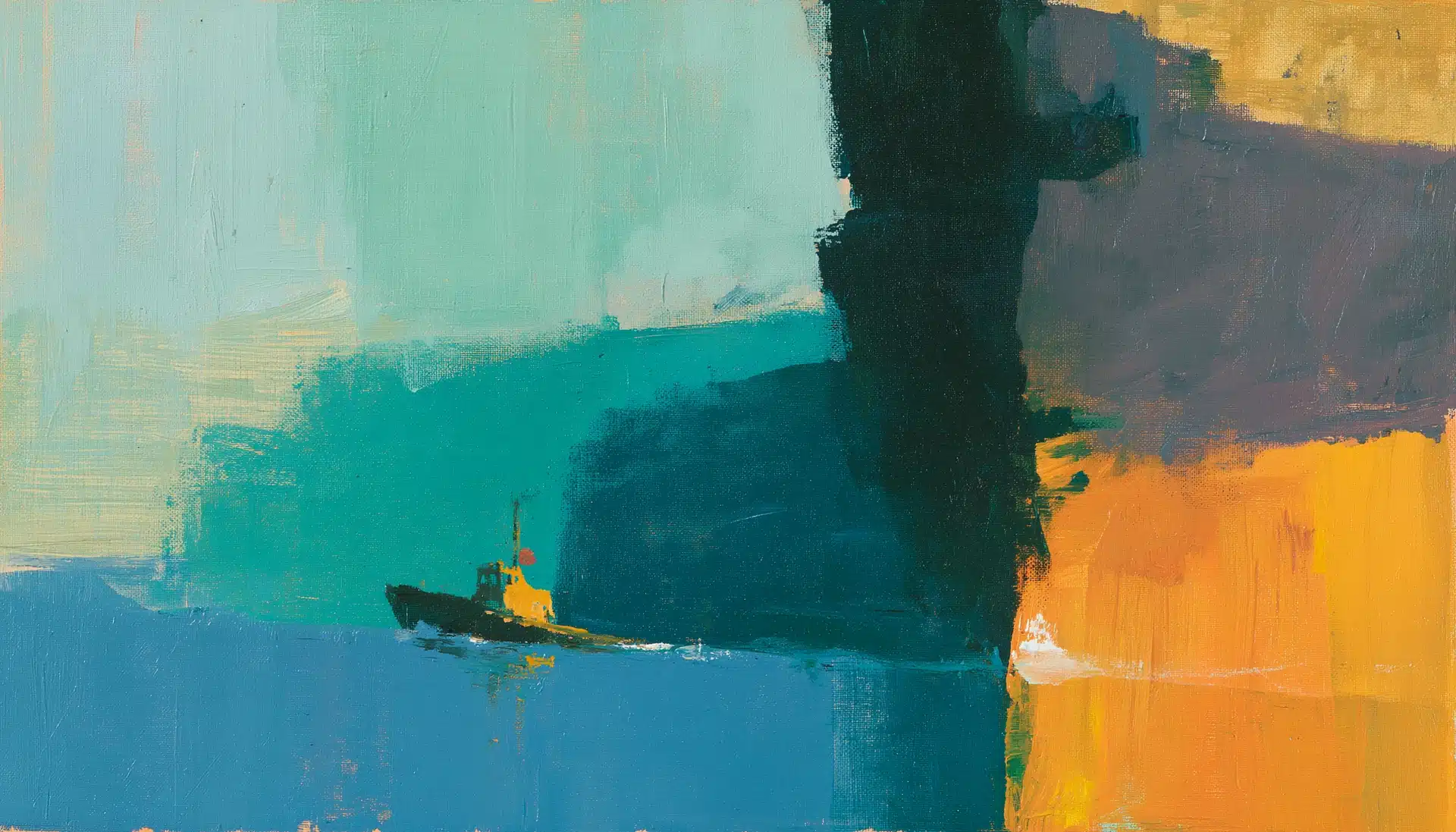 Pop-art acrylic painting of a small pilot boat guiding a large cargo ship through a narrow harbor channel