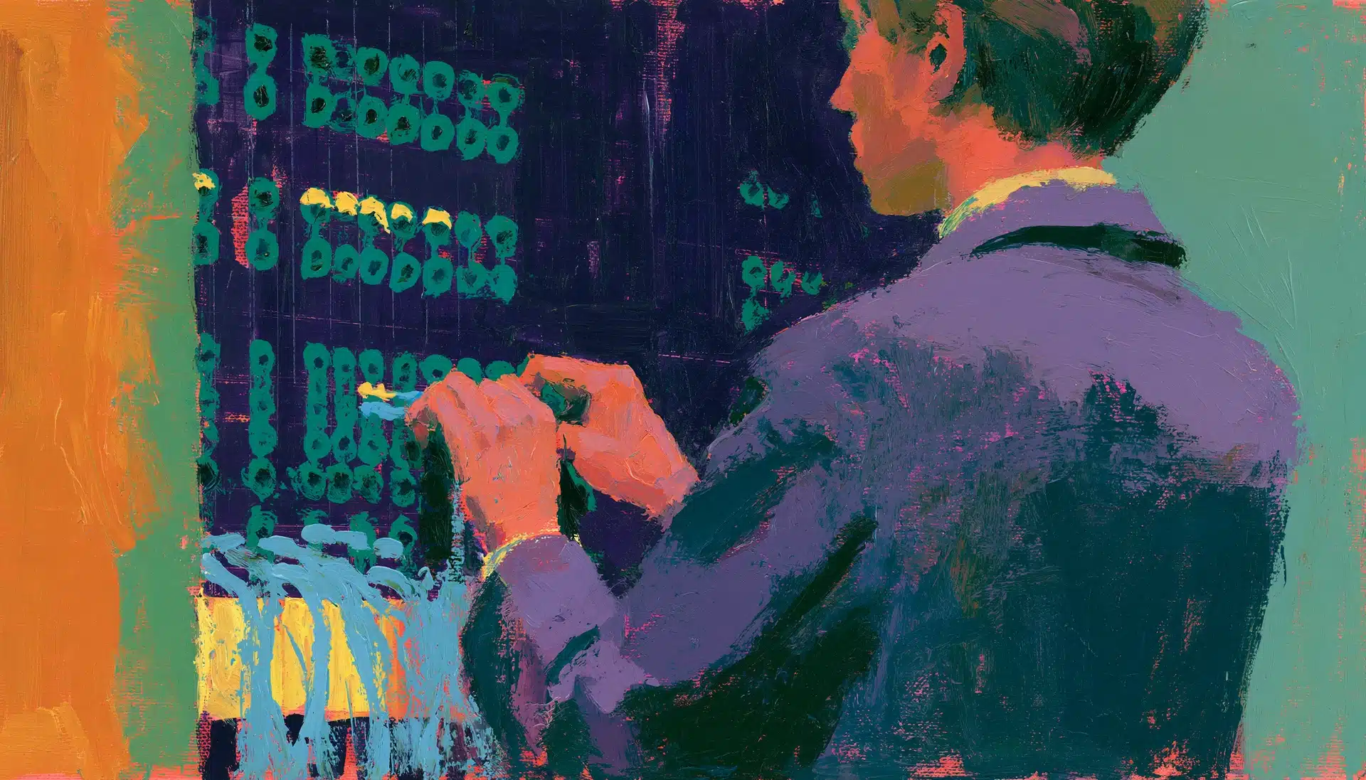 Pop-art painting of a switchboard operator plugging patch cables into a panel, illustrating an ecommerce technology stack