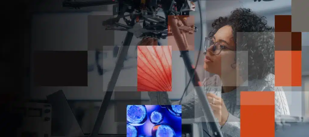 EL client highlight: researcher working amid laboratory and publishing imagery