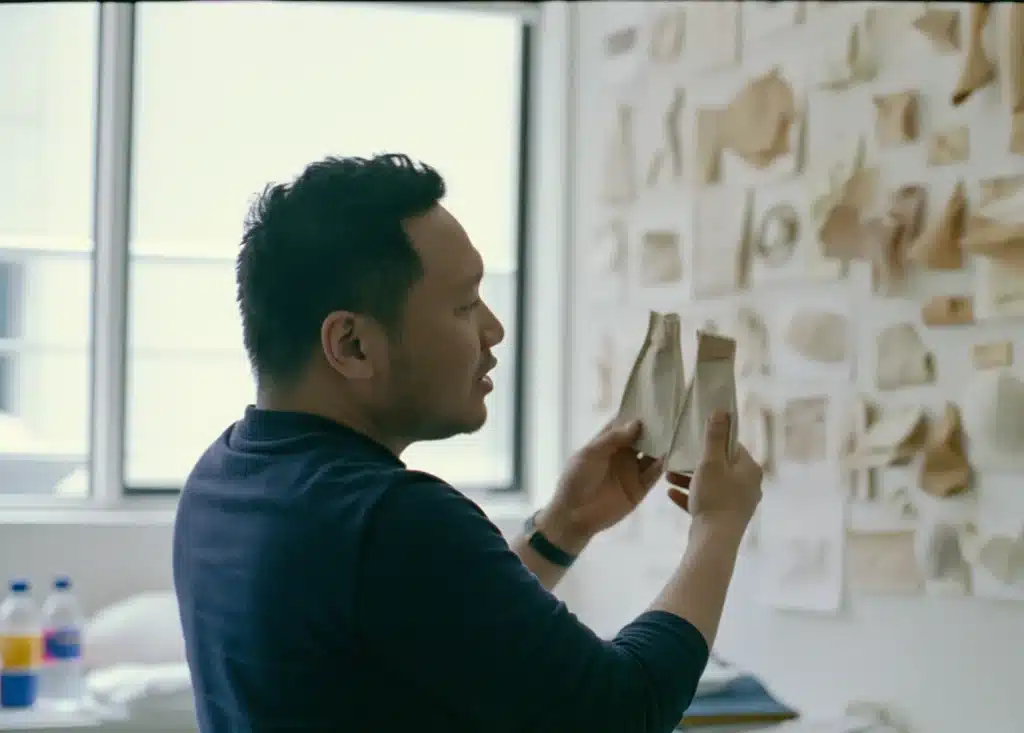 A founder weighing two product samples against his sample wall