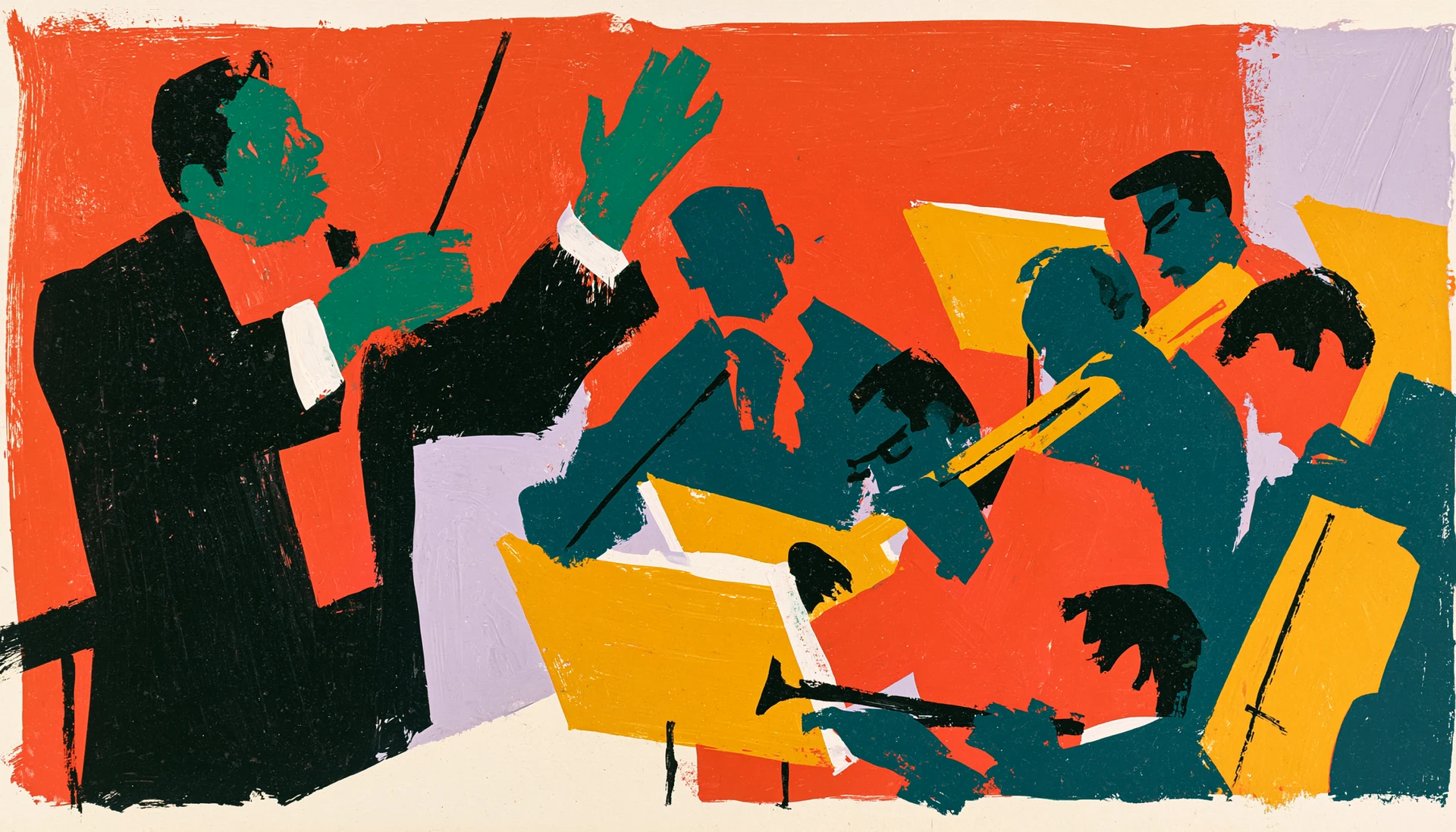 Pop-art painting of a conductor raising a baton in front of an orchestra reading from sheet music, illustrating a fractional CMO directing a marketing team