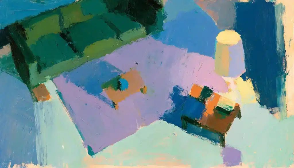 Pop-art overhead painting of a living room with rug, sofa and lamp, illustrating home decor ecommerce market research