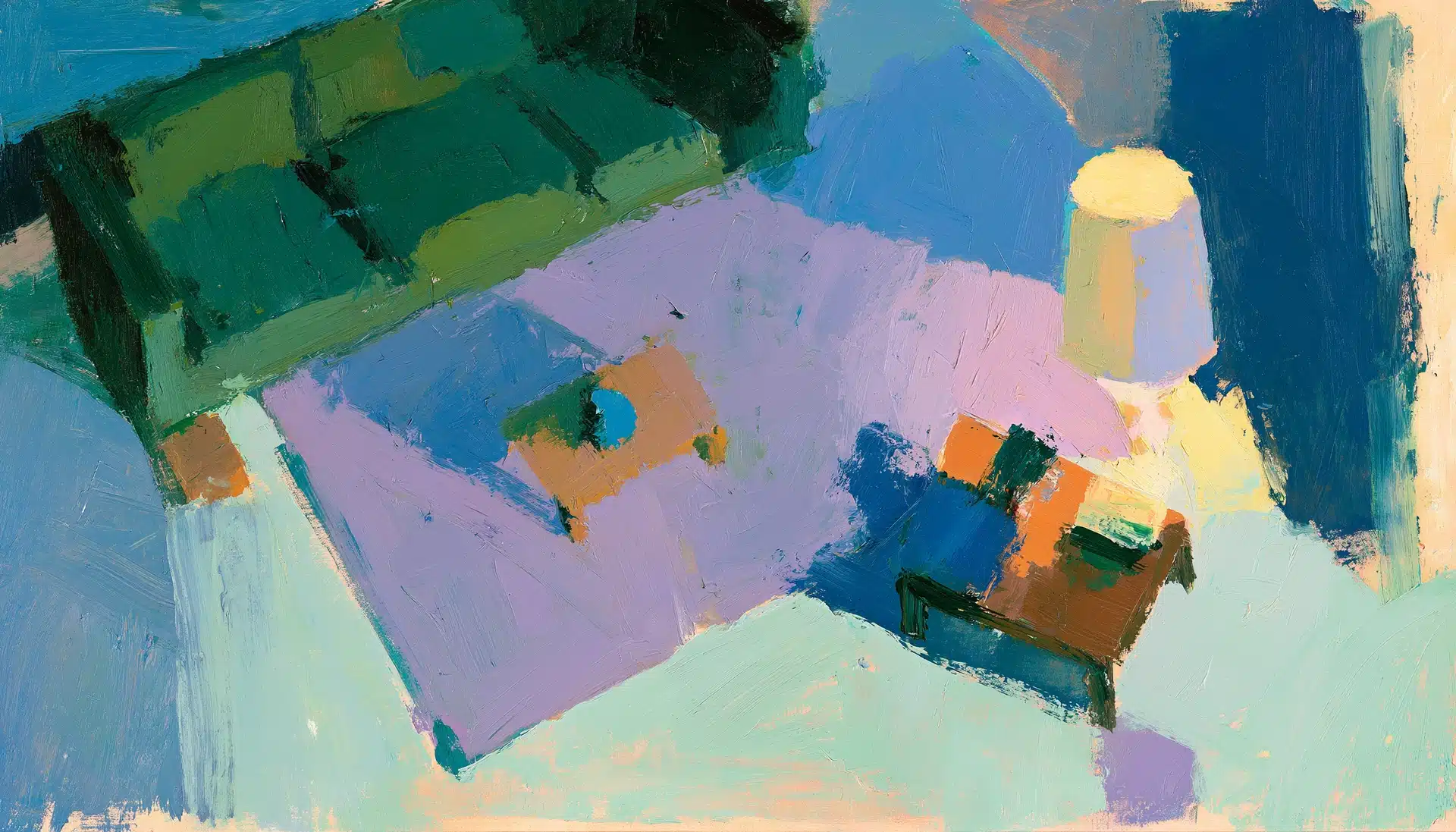 Pop-art overhead painting of a living room with rug, sofa and lamp, illustrating home decor ecommerce market research