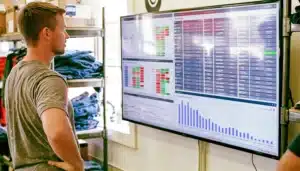 A man studies a sales and inventory dashboard on a large screen in a stockroom