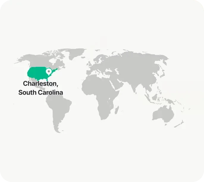 World map with a location marker on Charleston, South Carolina