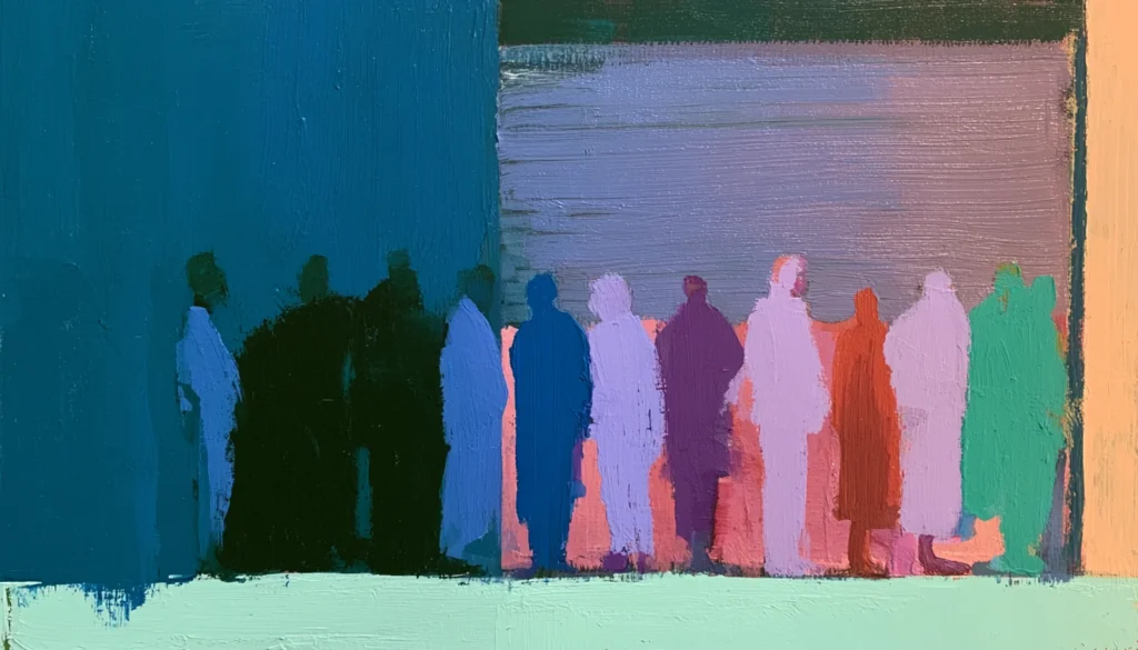 Abstract painting of shoppers queuing outside a shuttered shop at dawn