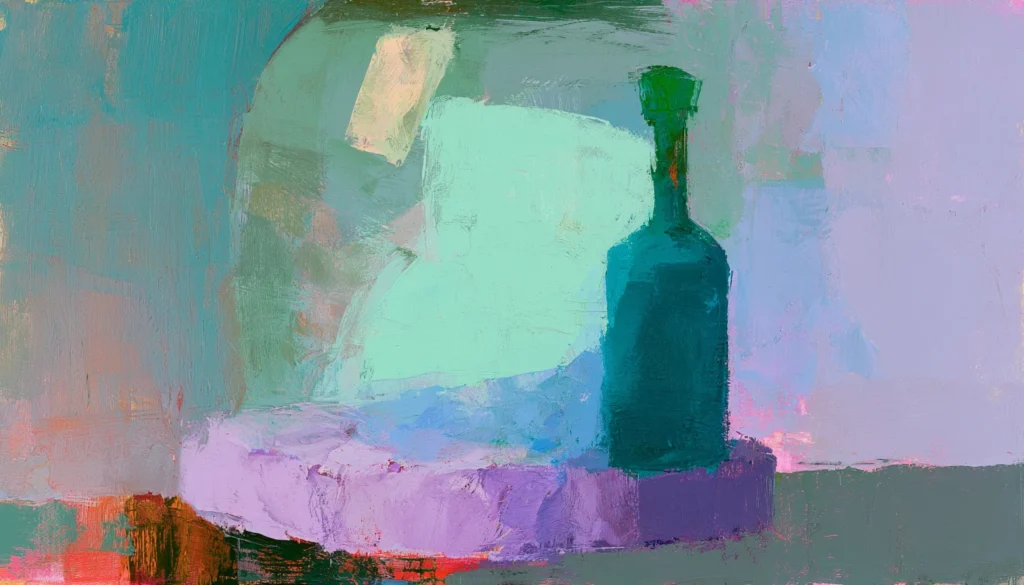 Abstract painting of a single tall bottle on a velvet cushion under a glass dome