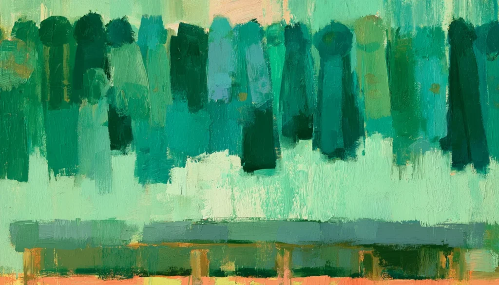 Abstract painting of a gallery wall hung with rows of award ribbons