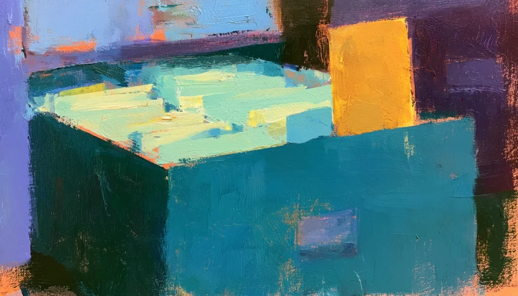 Abstract painting of an open card catalogue drawer with one card standing upright