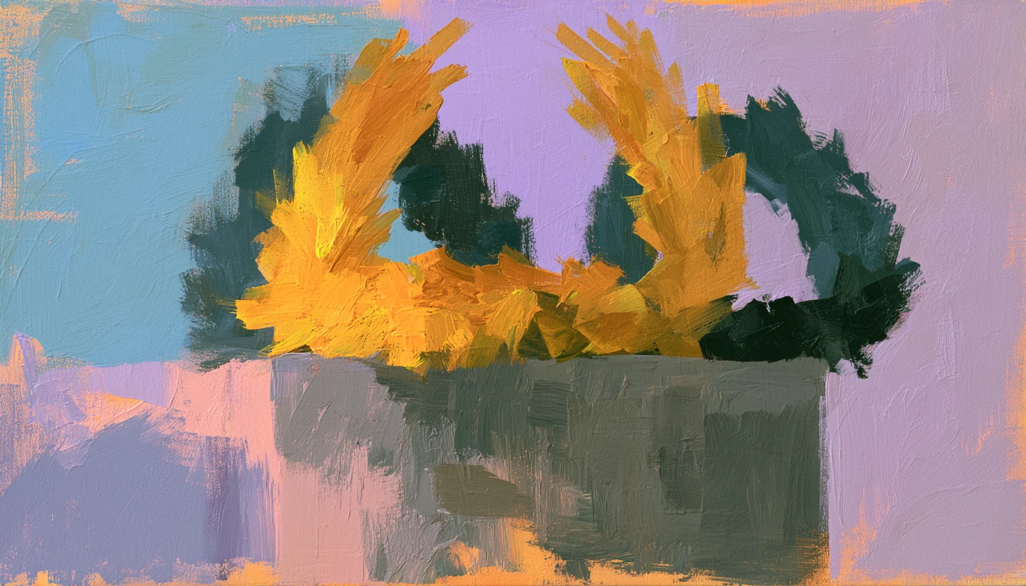 Abstract painting of a gold laurel wreath resting on a stone plinth