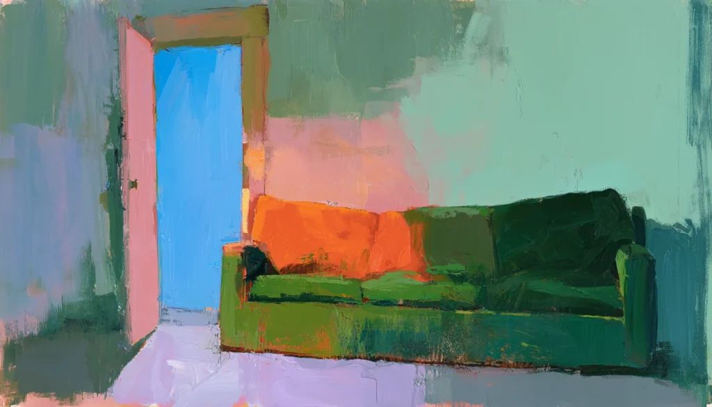 Abstract painting of a sofa carried through a doorway into a bare room