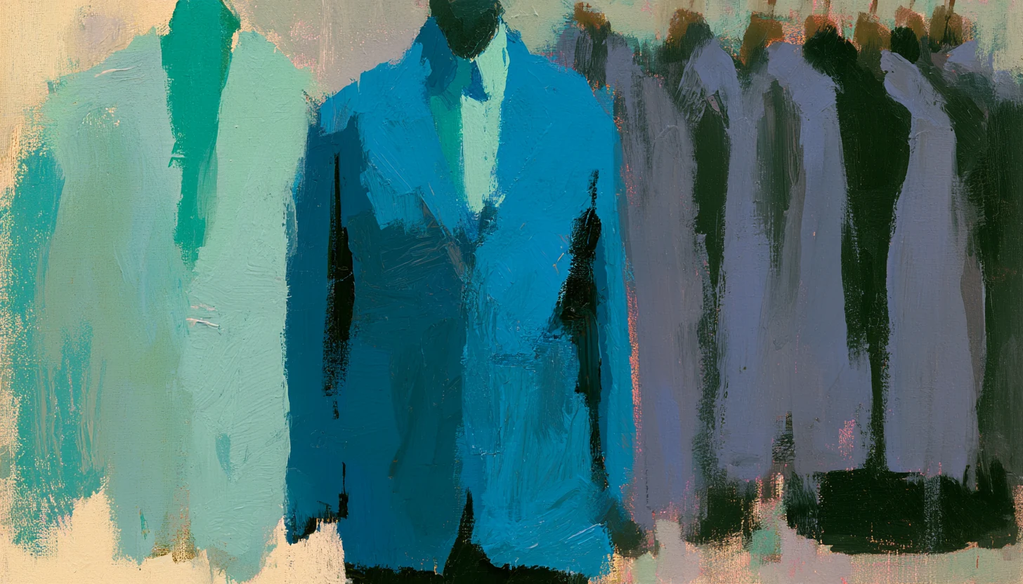 Abstract painting of a jacket pinned on a tailor's dummy beside a rack of identical jackets