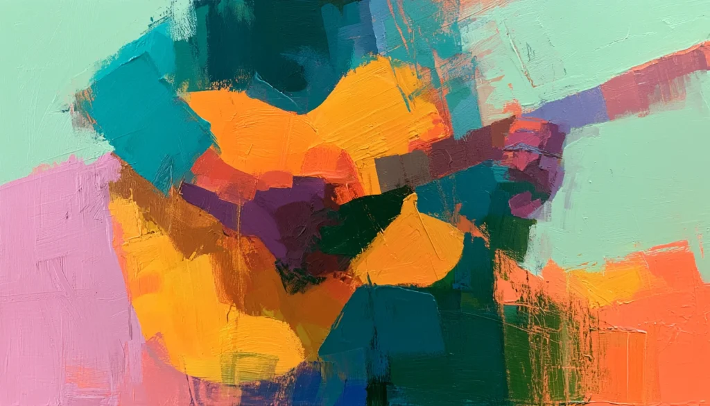 Abstract painting of a guitar handed across a wooden music shop counter
