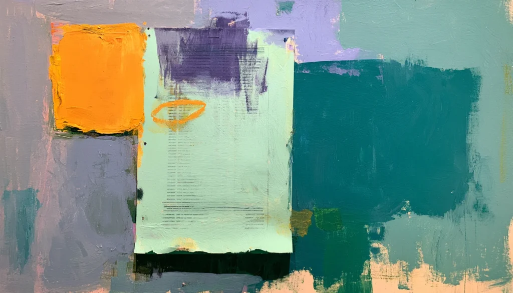 Abstract painting of a printed ranking list pinned to a wall with one line circled