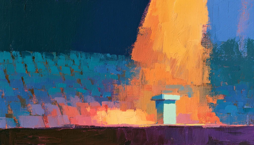 Abstract painting of a spotlit lectern on a summit stage with rows of empty seats