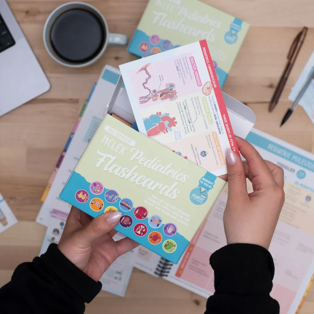 Nurse in the Making client highlight: nursing student reviewing pediatrics flashcards at a desk