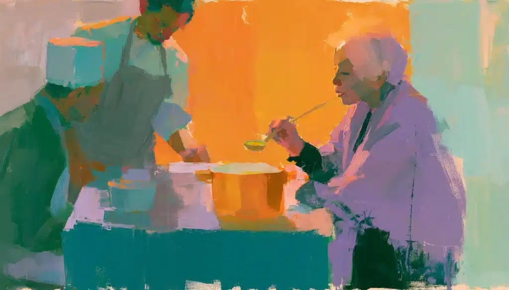 Pop-art painting of a grandmother tasting soup while the chef waits, illustrating outside perspective on business strategy
