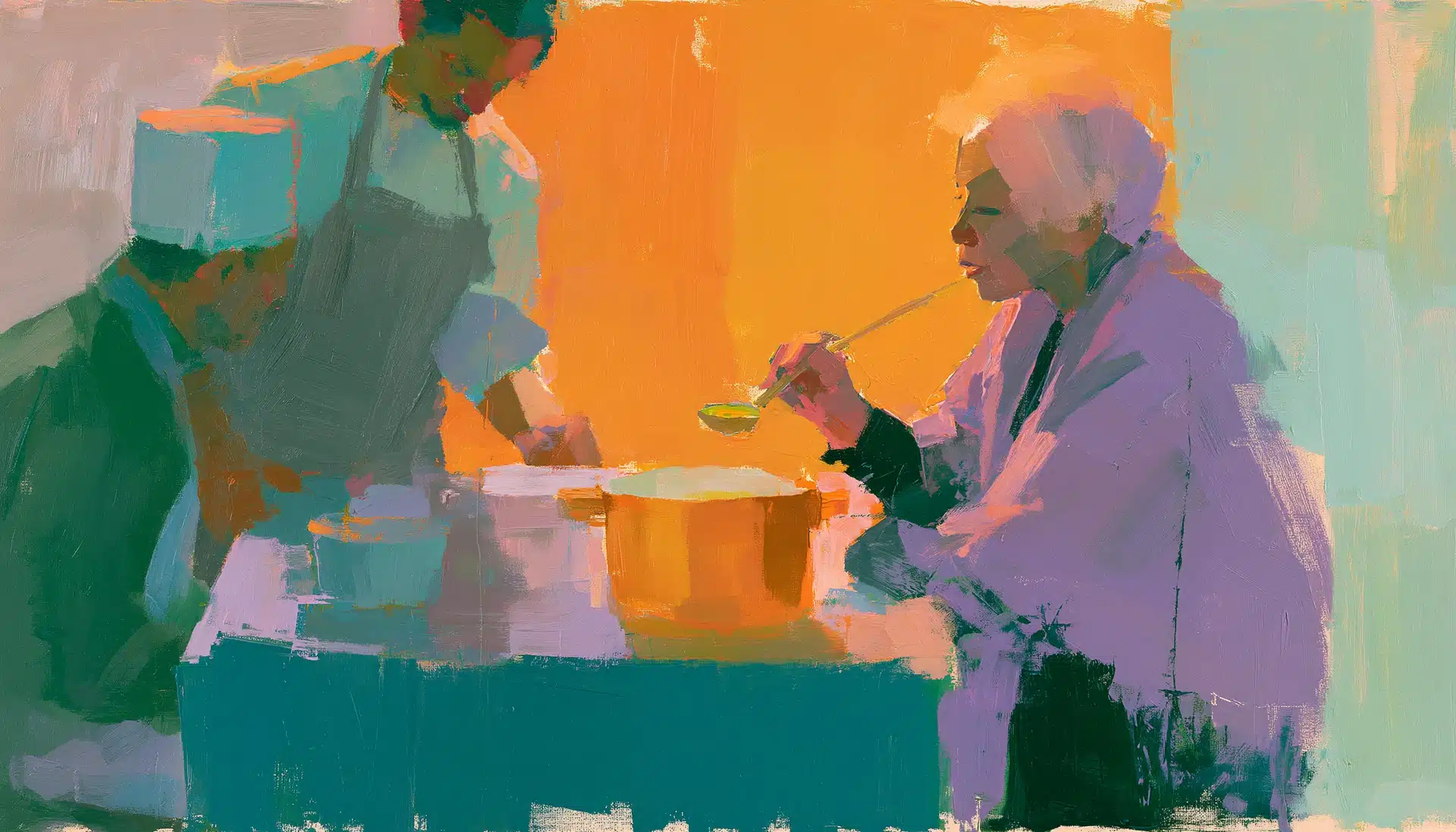 Pop-art painting of a grandmother tasting soup while the chef waits, illustrating outside perspective on business strategy