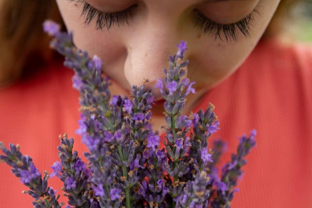 Potion & Twig client highlight: woman smelling fresh lavender stems