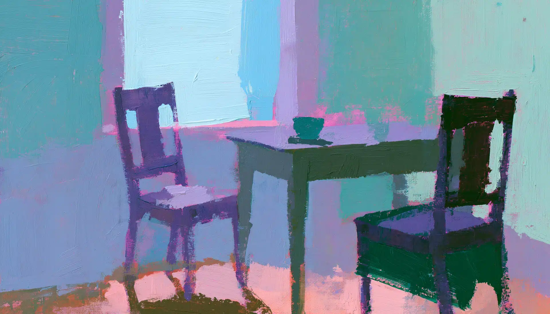 Pop-art painting of two chairs facing each other across a bare table, illustrating an ecommerce consultant interview