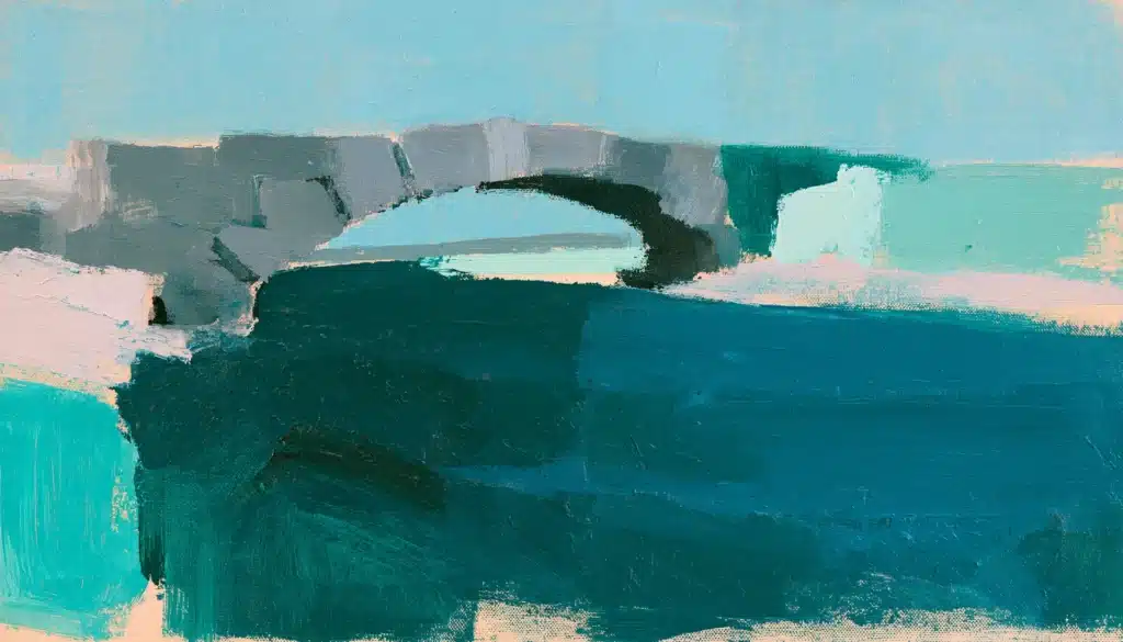 Pop-art painting of a half-built stone arch bridge reaching across a river, illustrating short-term actions serving long-term goals