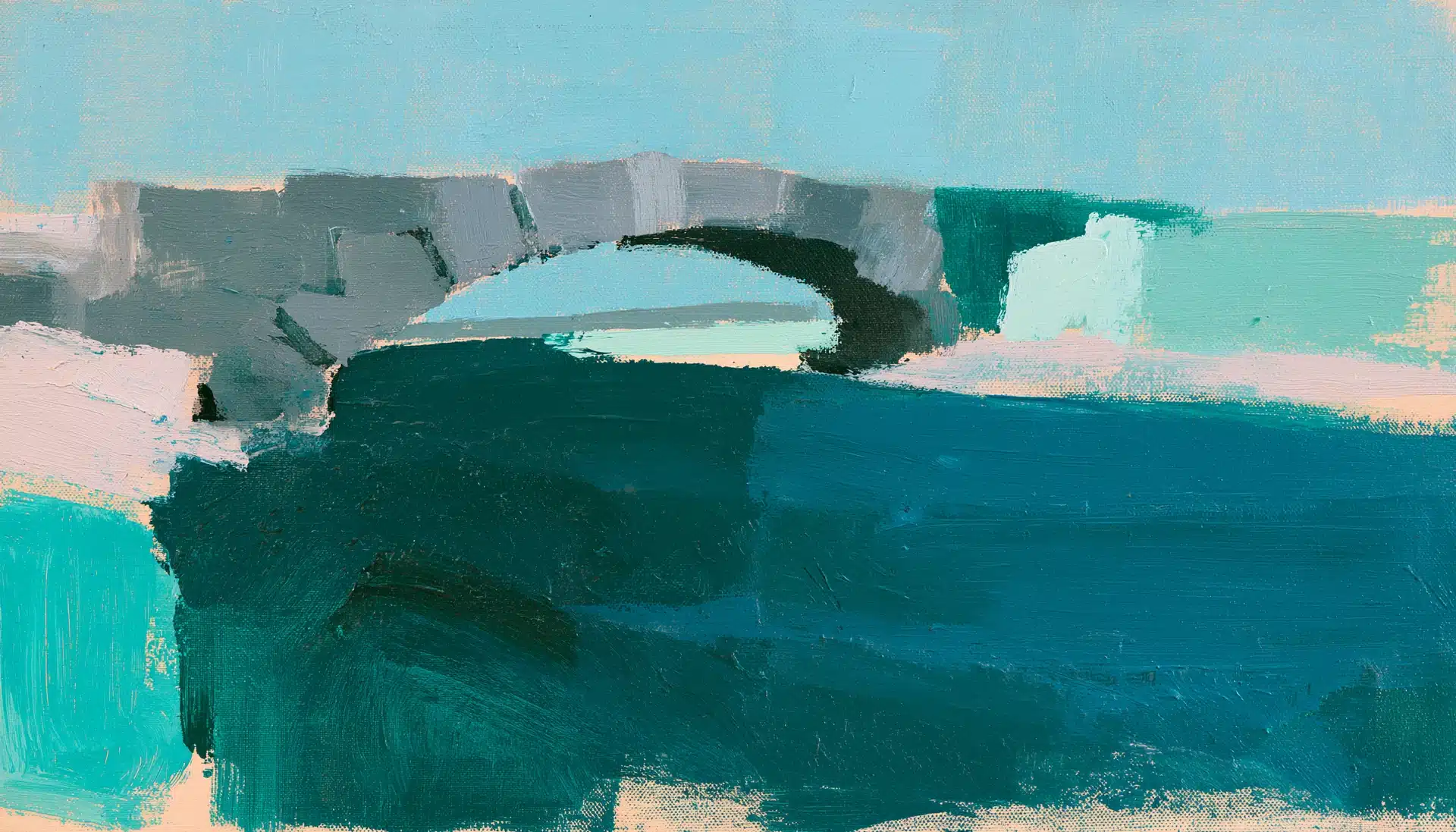 Pop-art painting of a half-built stone arch bridge reaching across a river, illustrating short-term actions serving long-term goals