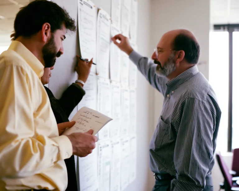 Two colleagues review printed campaign deliverables pinned in a row on an office wall