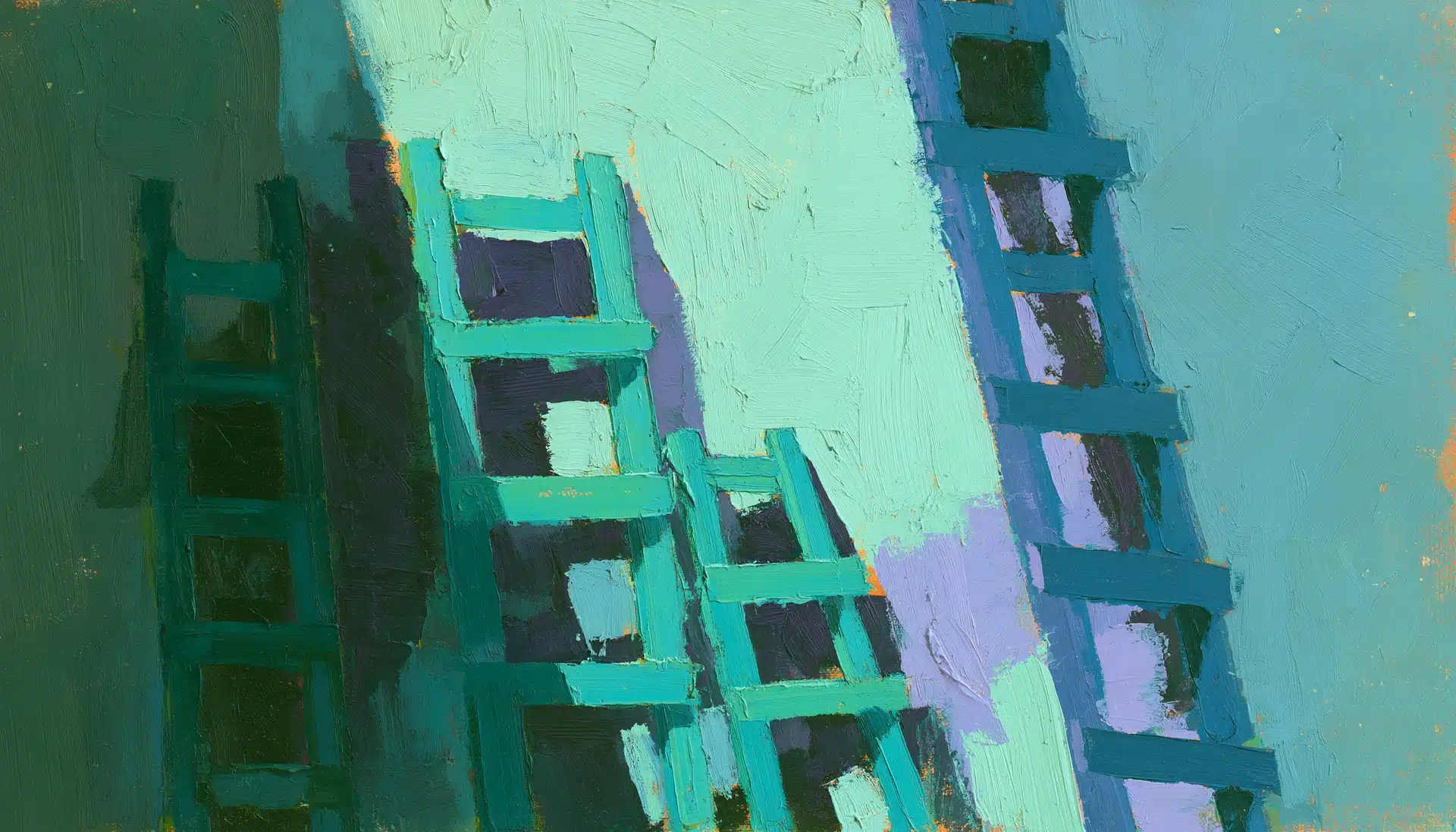 Pop-art painting of ladders of different heights leaning against one wall, illustrating ecommerce consulting firms of different reach