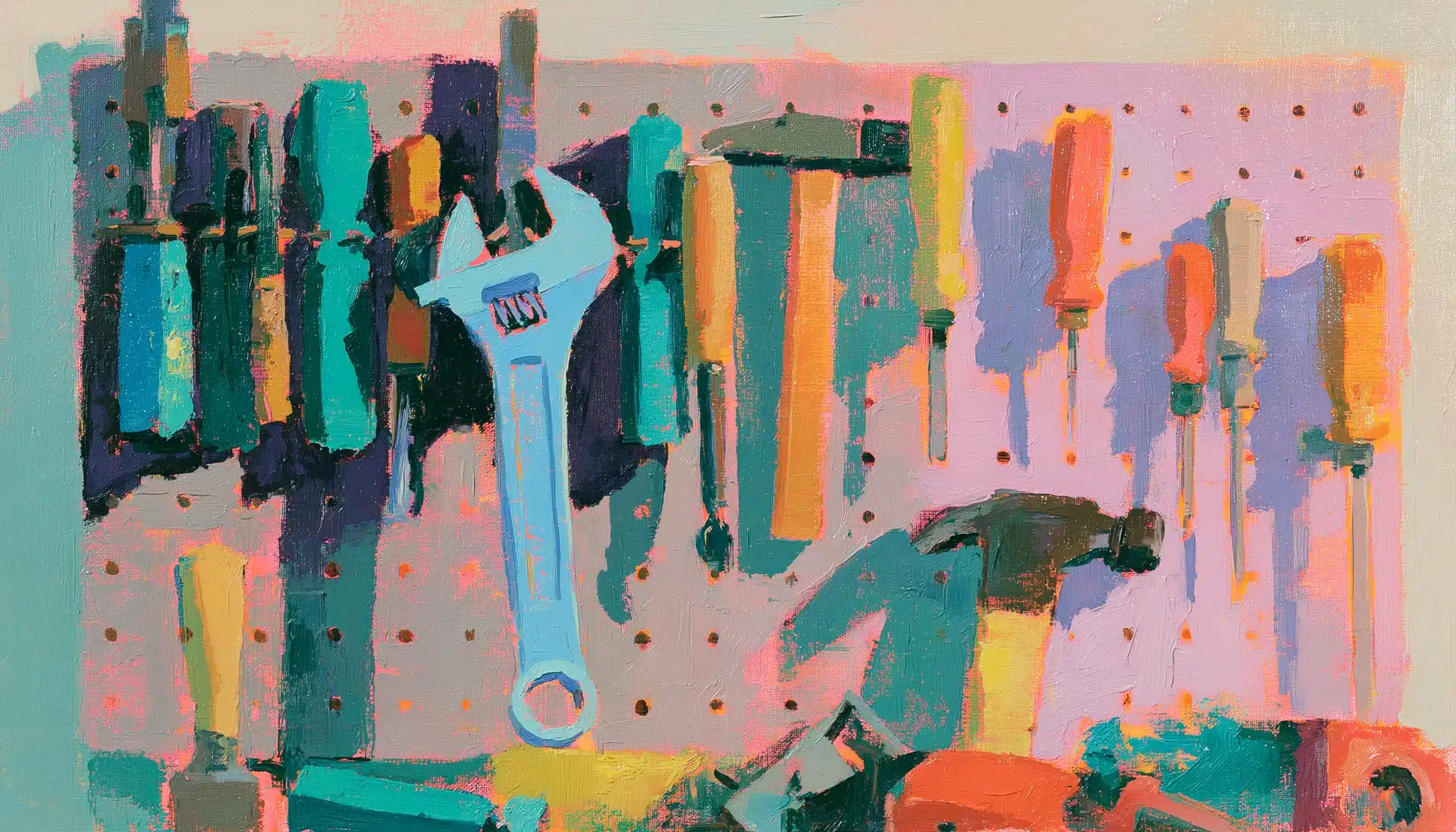 Pop-art painting of a workshop pegboard of hand tools with one wrench lifted away, illustrating choosing among ecommerce experts