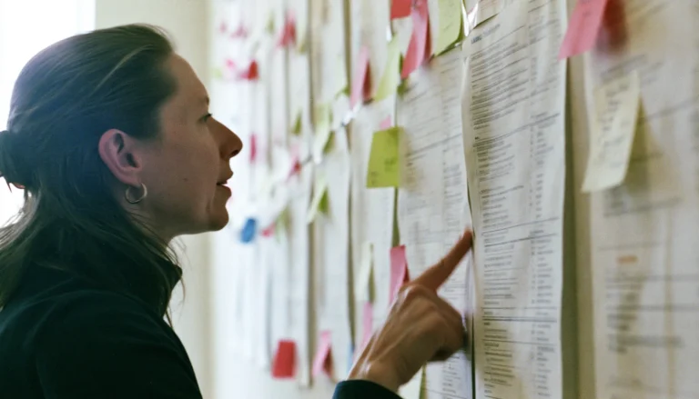 A woman studies printed ecommerce profitability reports pinned across an office wall